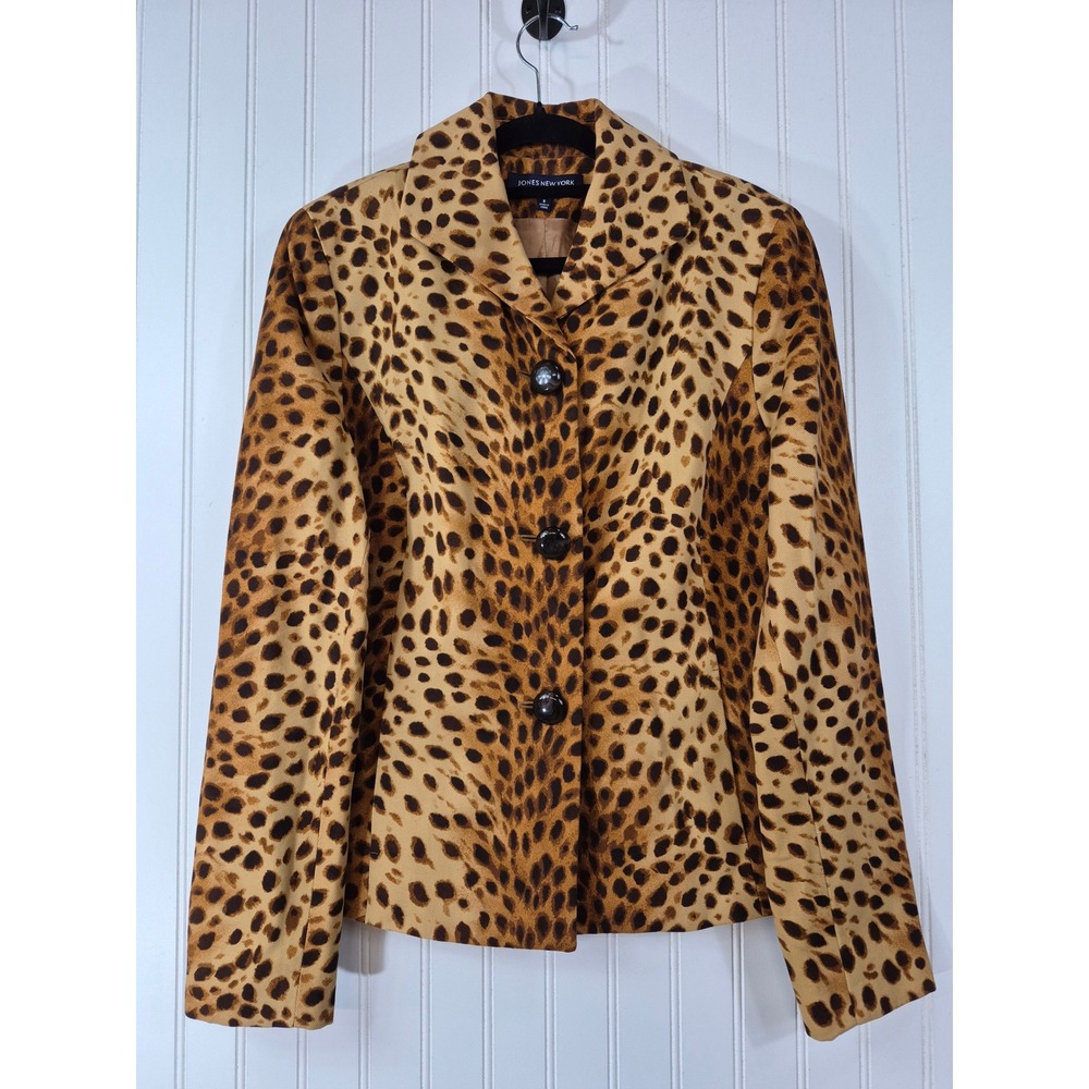 Jones NY Womens Leopard Print Blazer Cotton Animal Print Jacket Size 8 Pockets